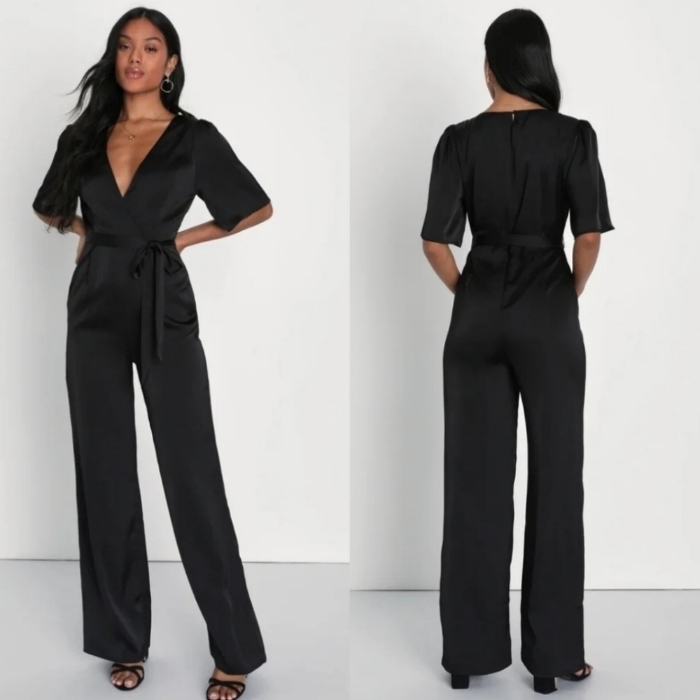 Lulus Fabulous Class Black Satin Short Sleeve Wide-Leg M Jumpsuit Wedding Party